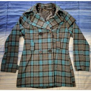 JouJou Women's Pea Coat Plaid Blue Tone Size Small